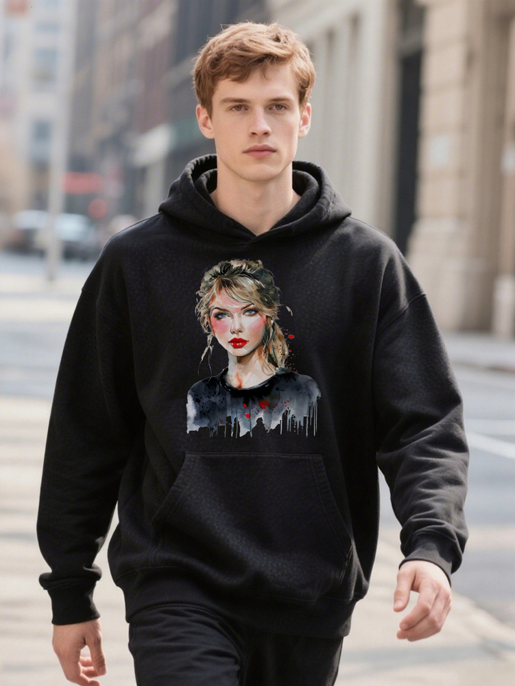 Chic Men's Casual Crew with Artistic Print Black Knit on it Washable Style Hoodie Perfect