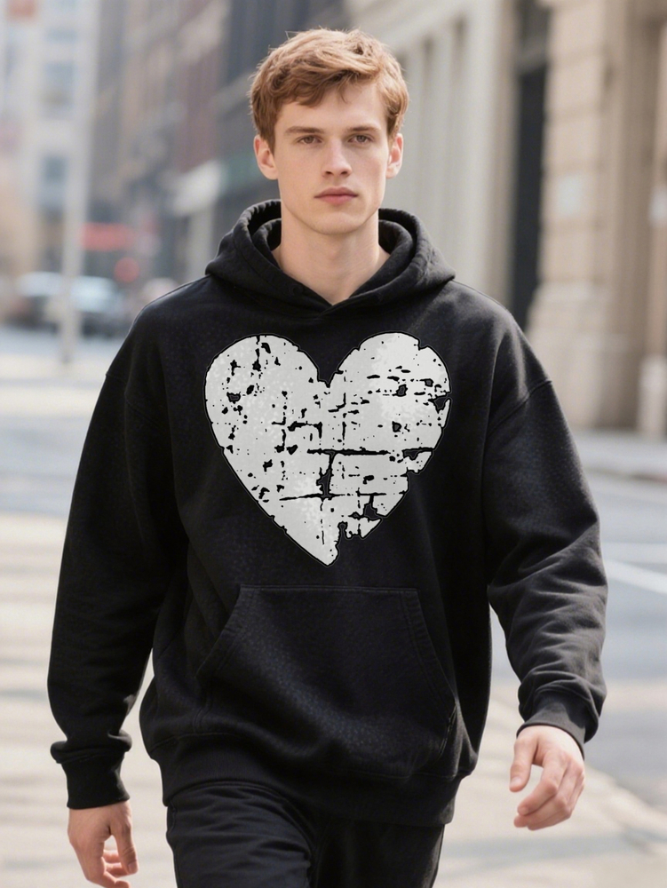Gentle Men Hoodie S Casual With Distressed Heart Print Black And Washable Ideal