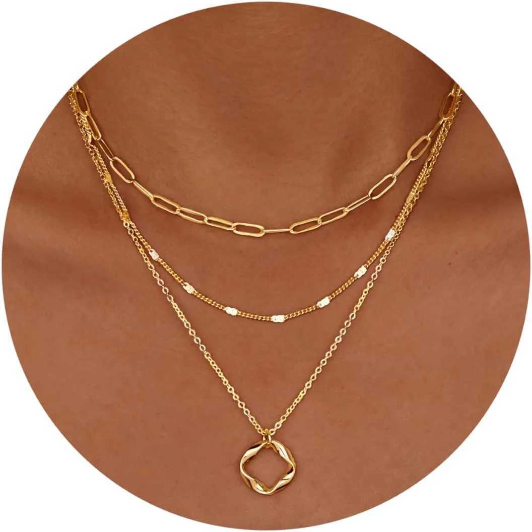 14K Gold Silver Plated Layered Gold Necklaces for Women Stackable Circle Paperclip Chain Pendant Choker Necklace Set for Women XJ250816