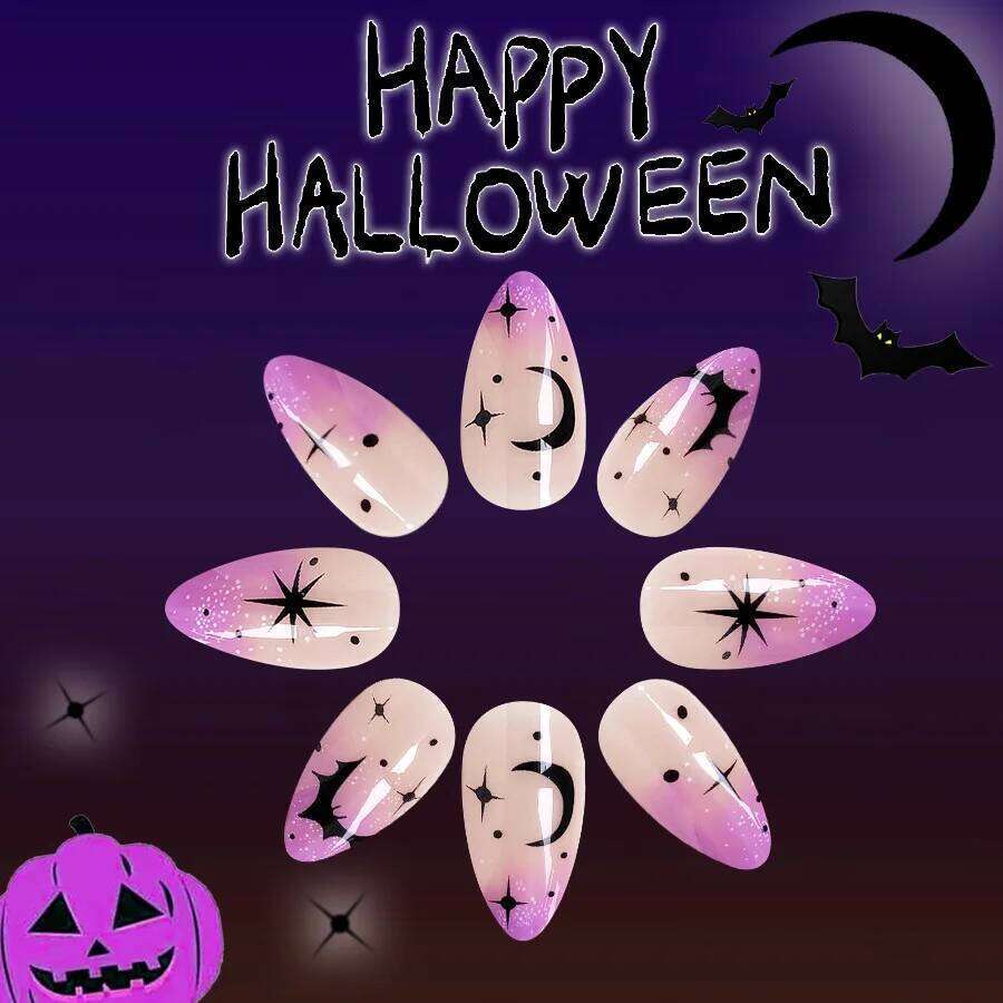 24Pcs/set Al Halloween Press on Black Bat Fake Nail Moon and Stars Pattern Removable Wearable Nails for Women&Girl X250816