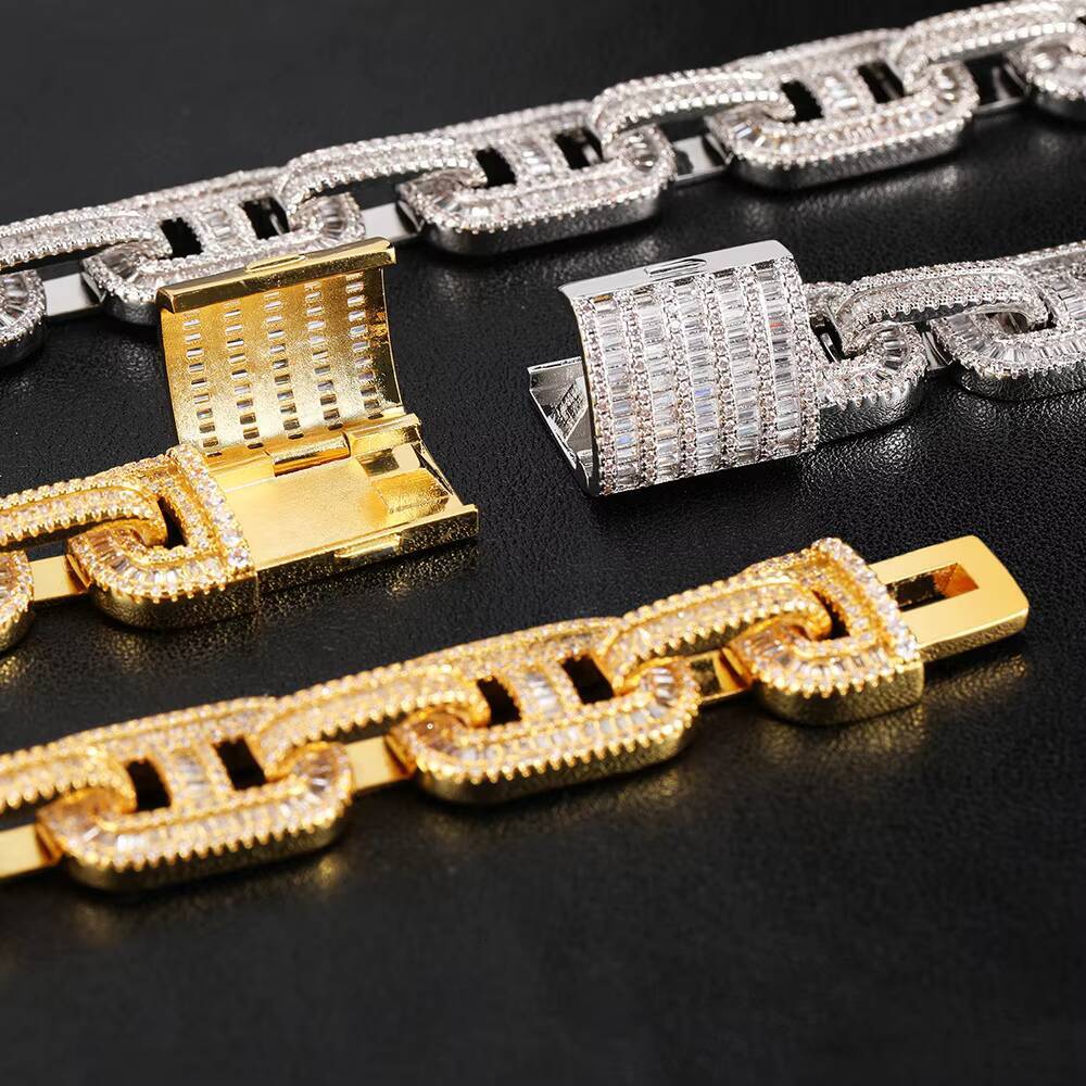2021 Unique Design Hollow Rectangle Gold Silver Rose Gold 15mm Men baguette Cuban Link Chain Hip Hop Style Box Clasp Miami Cuban
