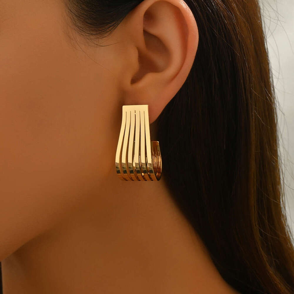 2025 New Women's Geometric Curved Metal Electroplated Design Stud Earrings Versatile Ear Jewelry