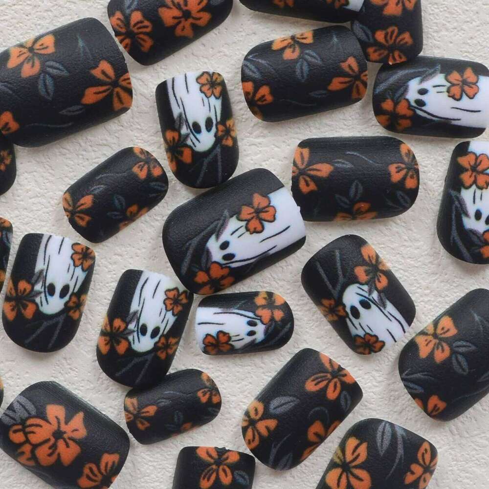 24pcs Short Square Matte Press On Set,Floral & Ghostly Holiday Elements - Halloween Dark Forest Themed Fake Nails Kit X250816