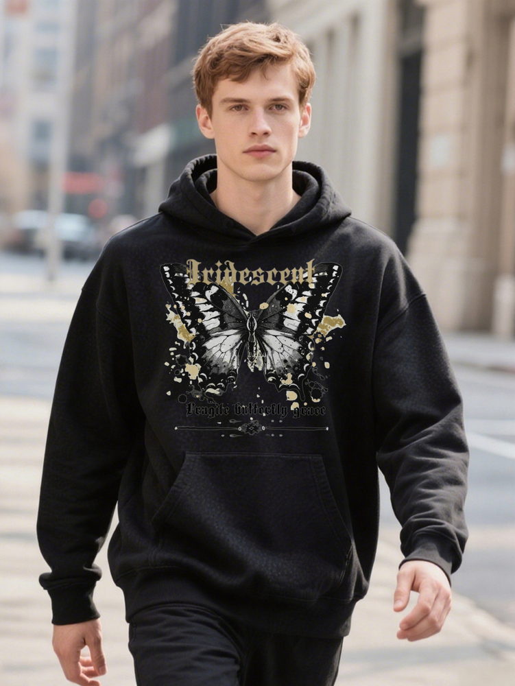 Men S Casual Crew with Intricate Butterfly Print Black Gothic Inspired Hoodie Design Soft Fabric