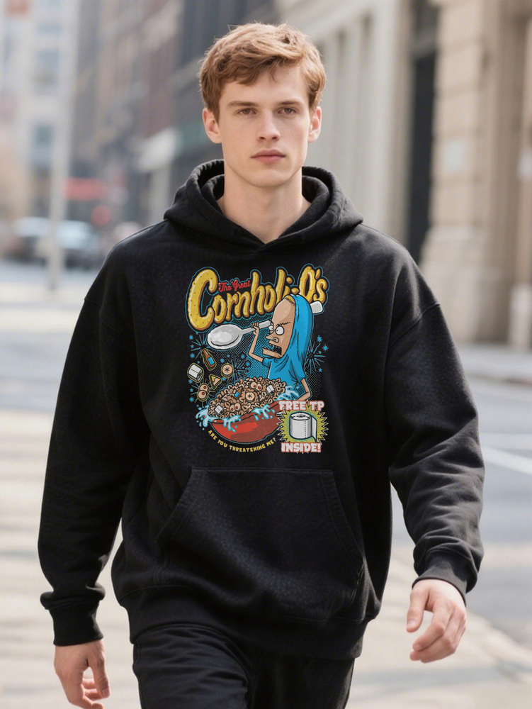 Beavis Cornhios Cartoon Comedy Men's Plus Size Black Cotton Hoodie with Free Cereal Bowl Inside Joke Design