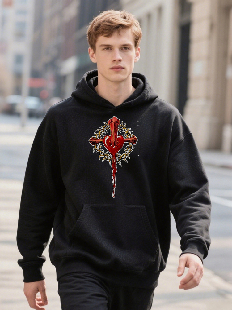 Men S Graphic Print Black With Red Dripping Heart Golden Hoodie Cross Design Ee Hine Washable Regular