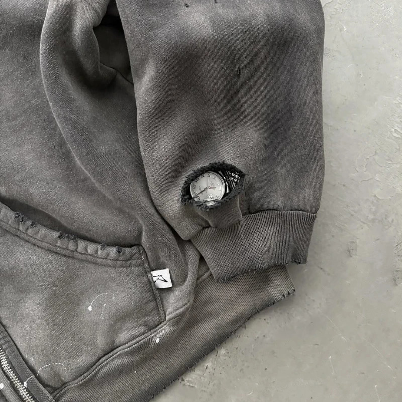 Retro loose hoodie a pcs oversized pure gray Watch-peeker hole breaking sweatshirt Y2K unisex Gothic Harajuku casual pullover 250815