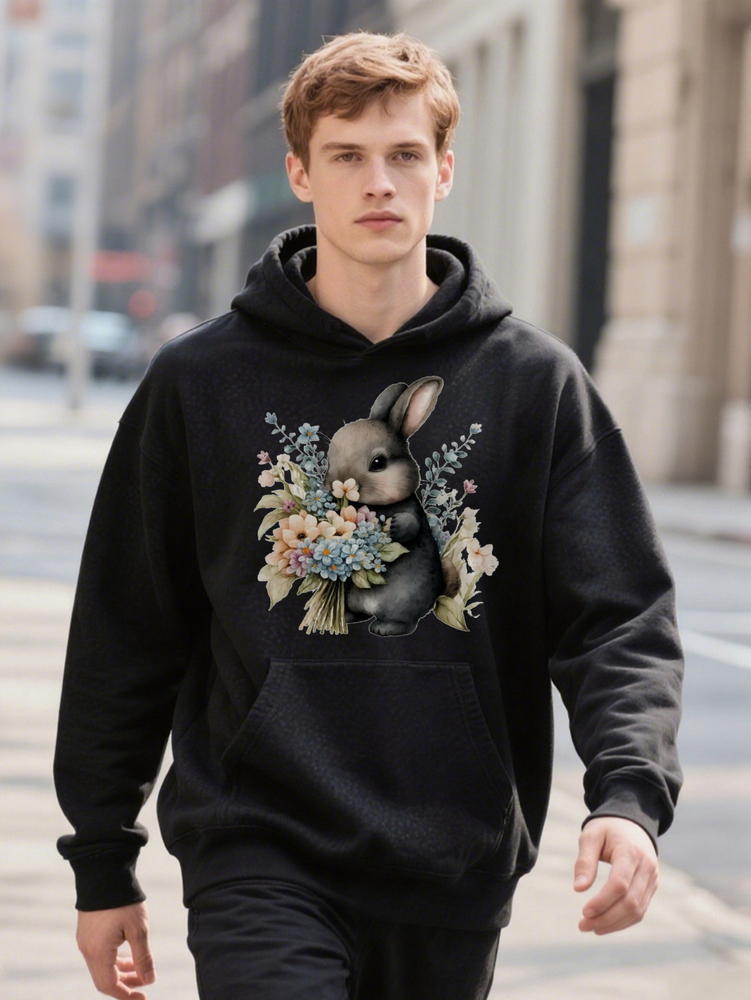Men S Casual Crew Hoodie With Adorable Bunny And Floral Print Soft Fabric Design