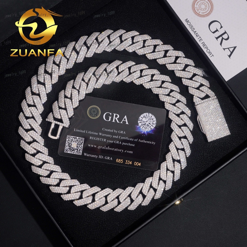Hip Hop Jewelry 20MM Moissanite Cuban Chain 925 Silver Iced Out 3 Row Miami Cuban Link With GRA Certificate