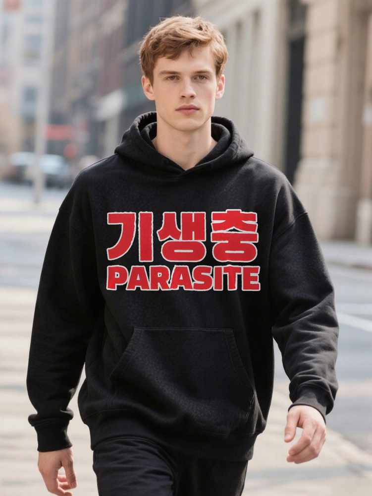 Men s Casual Parasite Letter Print Hoodie Black with Red Lightweight Essential
