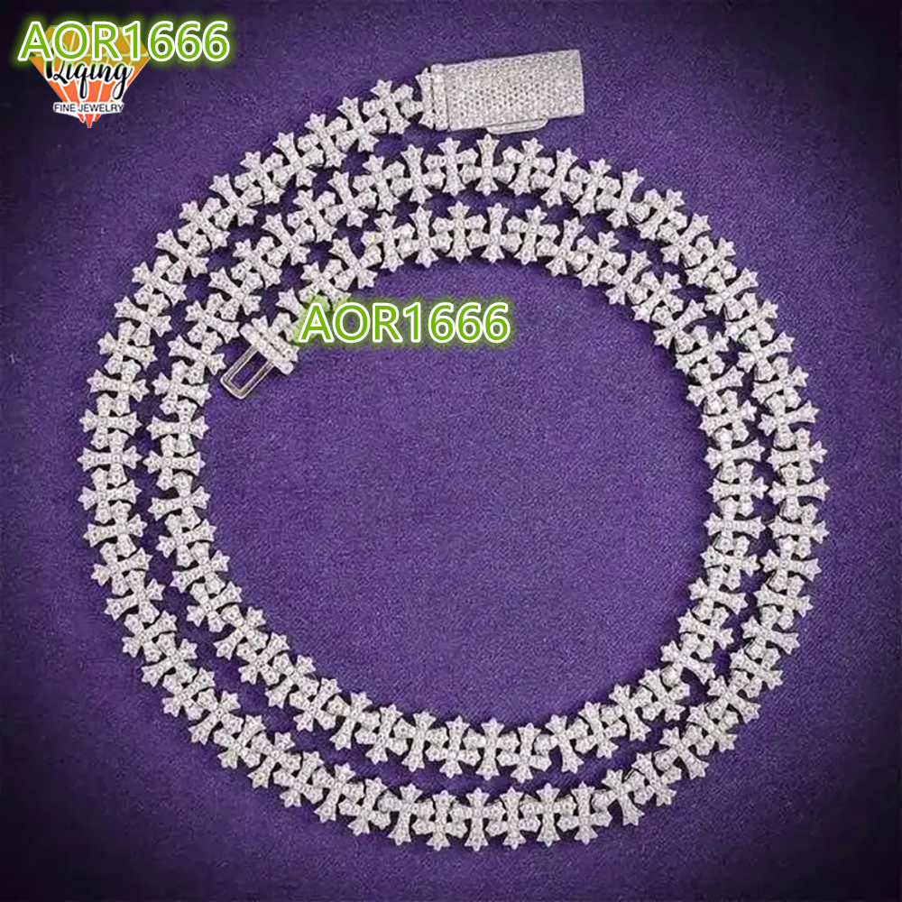 8.5mm Iced Out VVS Moissanite Diamond Cross Link Chain 925 Sterling Silver Rhodium Cuban Link Chain Necklace Hip Hop Jewelry