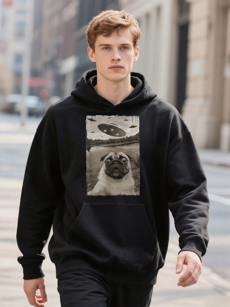 Vintage Encounters Funny UFO Pug Hoodie Selfie Selected Pure Cotton Interesting Design DIY Men Soft And