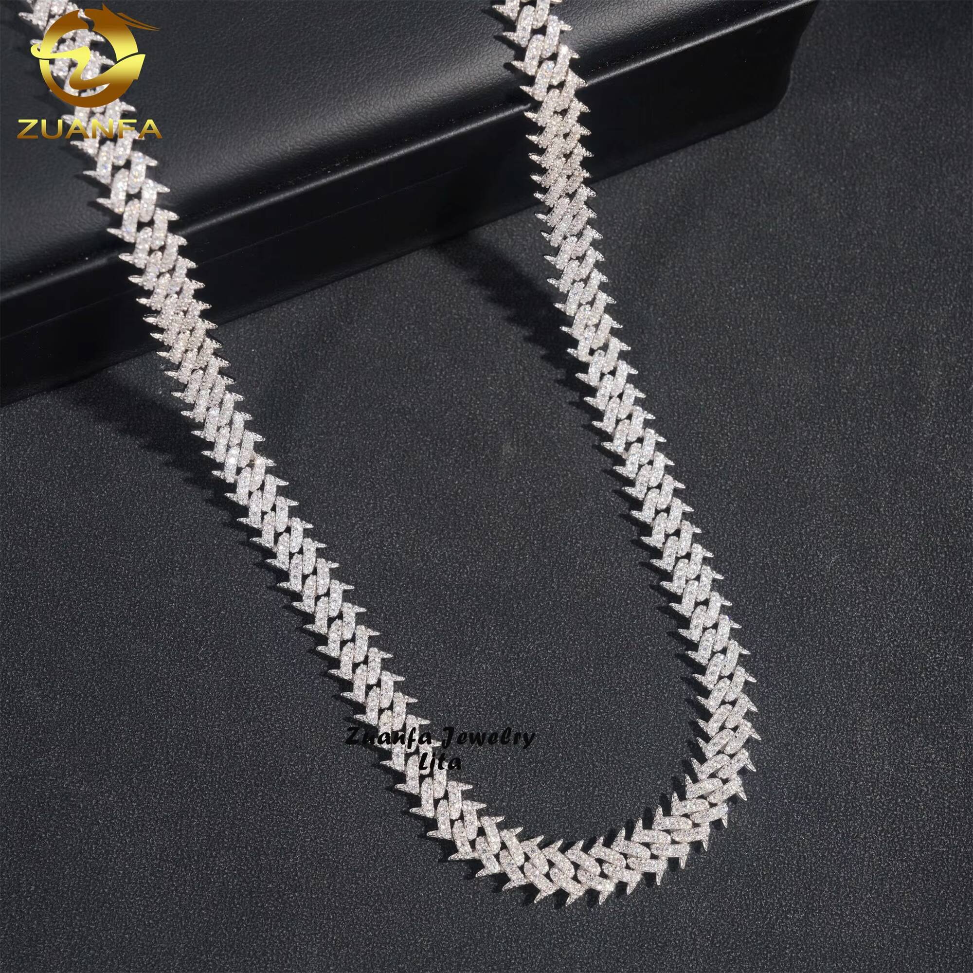 Hip Hop Jewelry Necklace Thorns Spike Design 16mm Silver Moissanite Diamond Cuban Link Chain