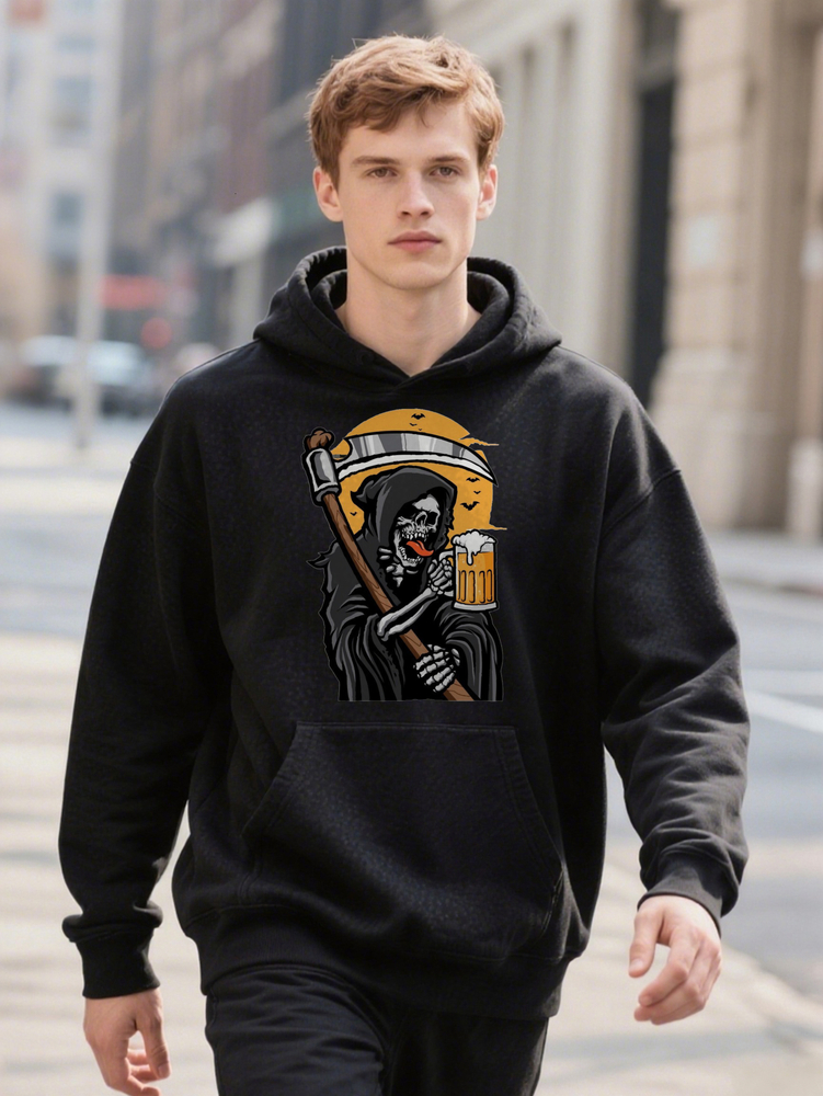 Men s Black Graphic Funny Skeleton with Beer Mug Design Casual Hoodie ee Vintage Horror Dark