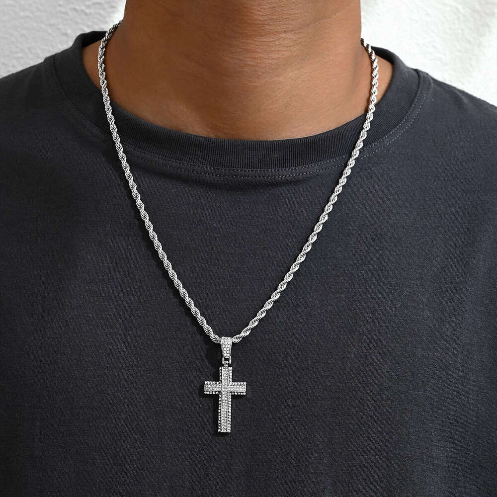 Hip Hop Cross Niche Design Men's Versatile Inlaid Pendant Cuban Chain Simple Necklace