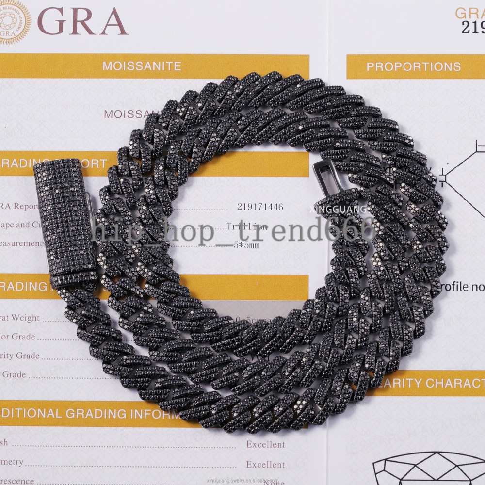 Popular VVS Black Diamond Chain for Men 2rows 10mm 12mm S925 Black Plated Iced Out Moissanite Cuban Link Chain Hip Hop Necklace
