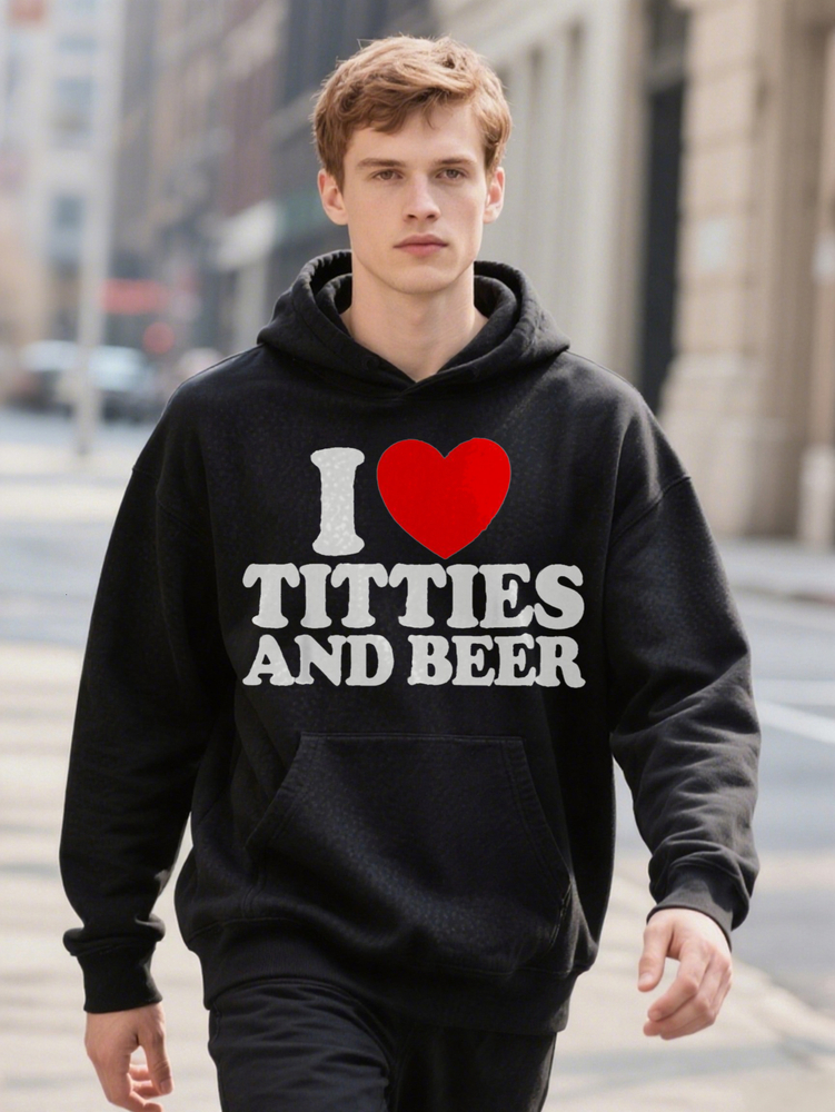 Men Hoodie S Casual Crew I Love itties and Beer Print Knit Fabric Slight Stretch Regular Fit