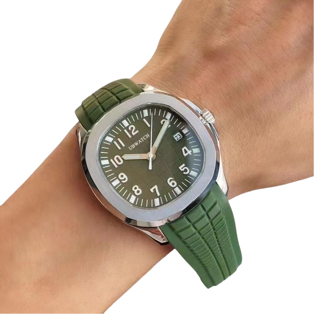 40MM P1 Green Grid Textured Mens Watches Glass Back Sapphire Crystal Wristwatches Automatic Mechanical Man Watch With Soft Elastic Rubber Strap