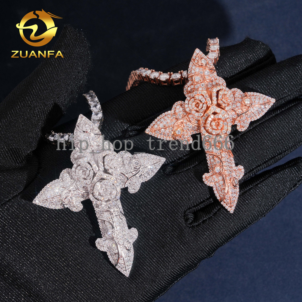 Luxury Rose Fine Hip Hop Moissanite Cross Charms Diamond Jewelry Iced Out 925 Silver VVS Moissanite Cross Pendant