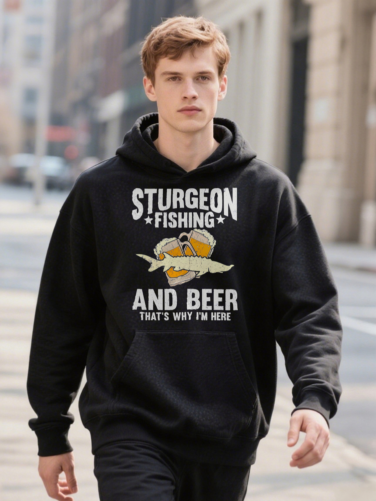 Men s Casual Crew Hoodie Strong Fishing Beer Graphic Print Black with Yellow Design Lightweight