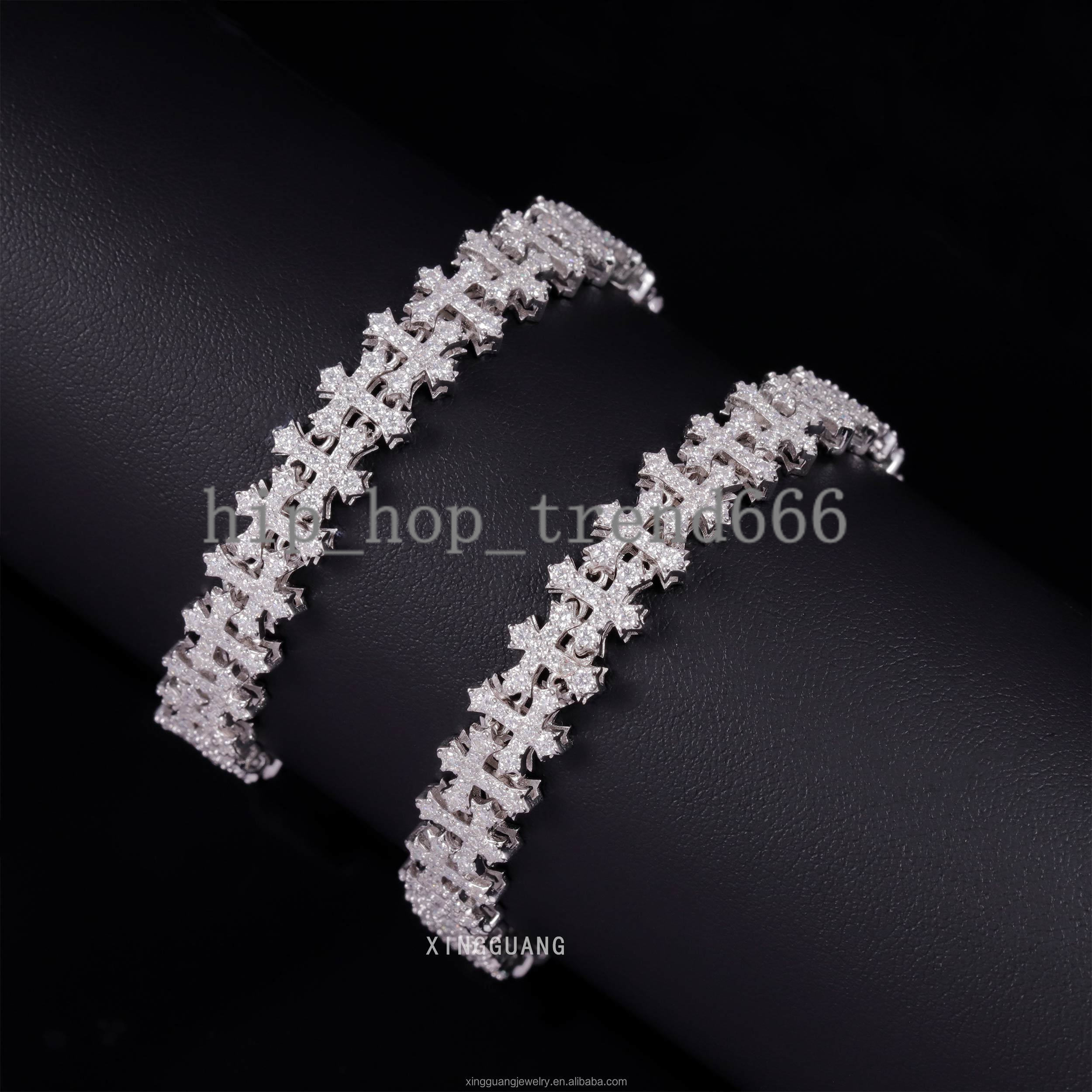 Fashion Best Selling Prong Setting 18k White Gold Plated Iced Out Jewelry Moissanite Diamond Hip Hop Cross Cuban Link Bracelet