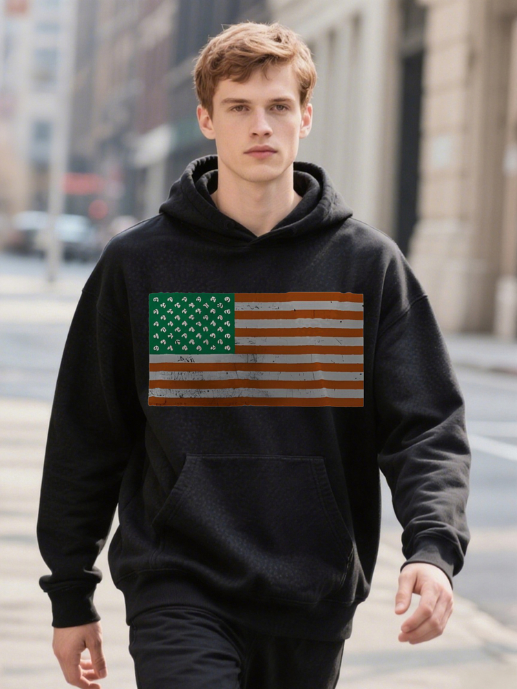 Men S Casual Crew with American Flag D Print Design Black Style Regular Hoodie Fit Ideal