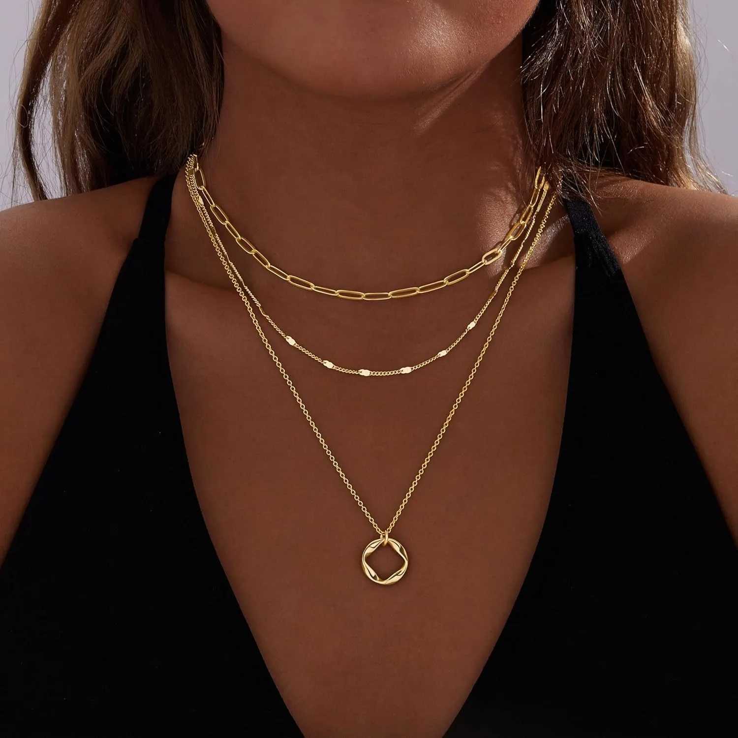 14K Gold Silver Plated Layered Gold Necklaces for Women Stackable Circle Paperclip Chain Pendant Choker Necklace Set for Women XJ250816