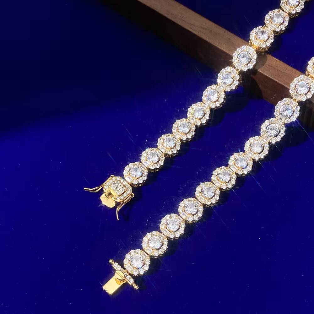 New Design Hip Hop Gold Plated 9.5mm Iced Out VVS Moissanite Diamond Round Shape Tennis Link Chain Necklace
