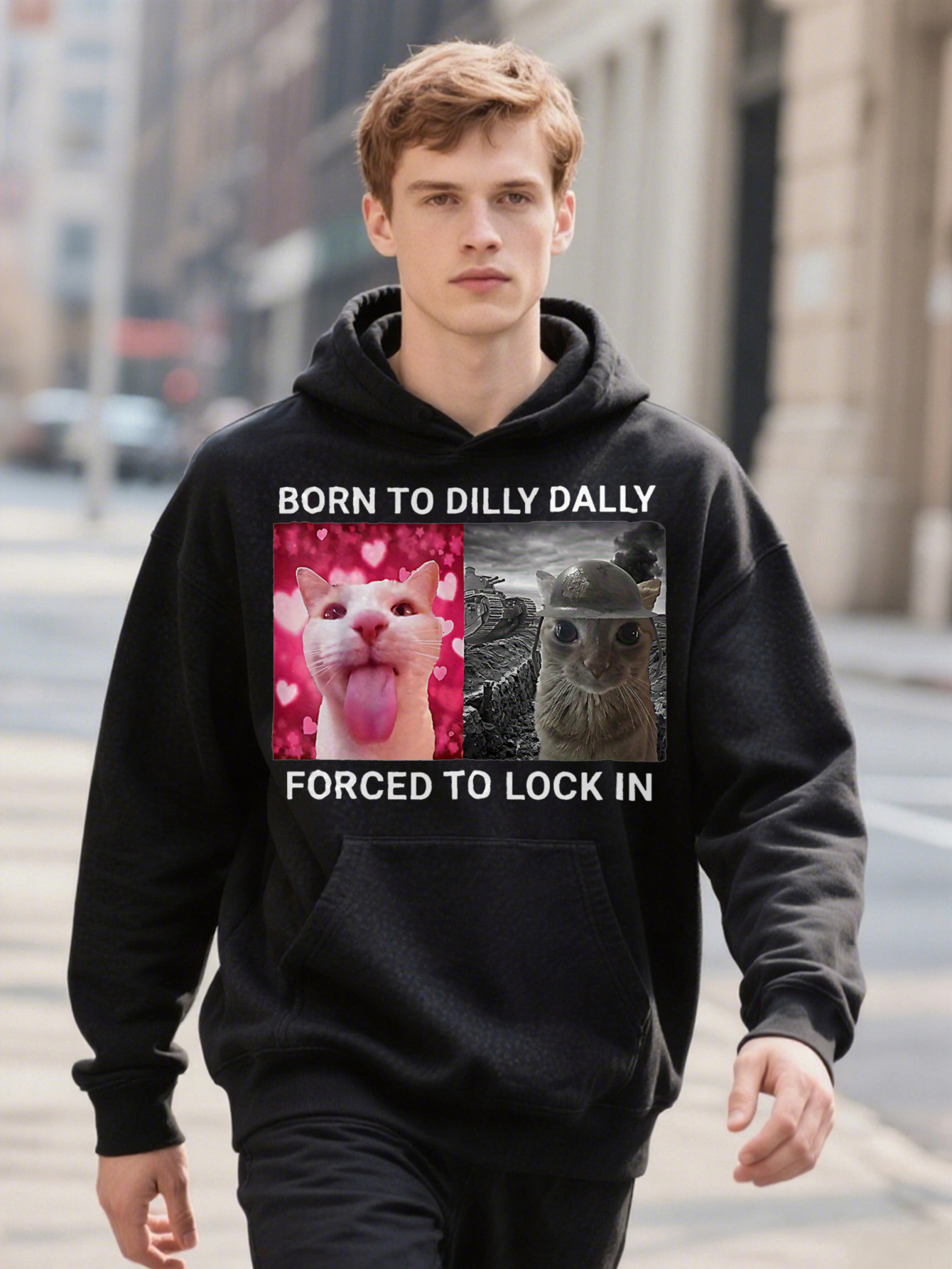 Men S Humorous Graphic Born Dilly Dally Forced To Lock In Print Light Grey Hoodie Ee Regular Fit