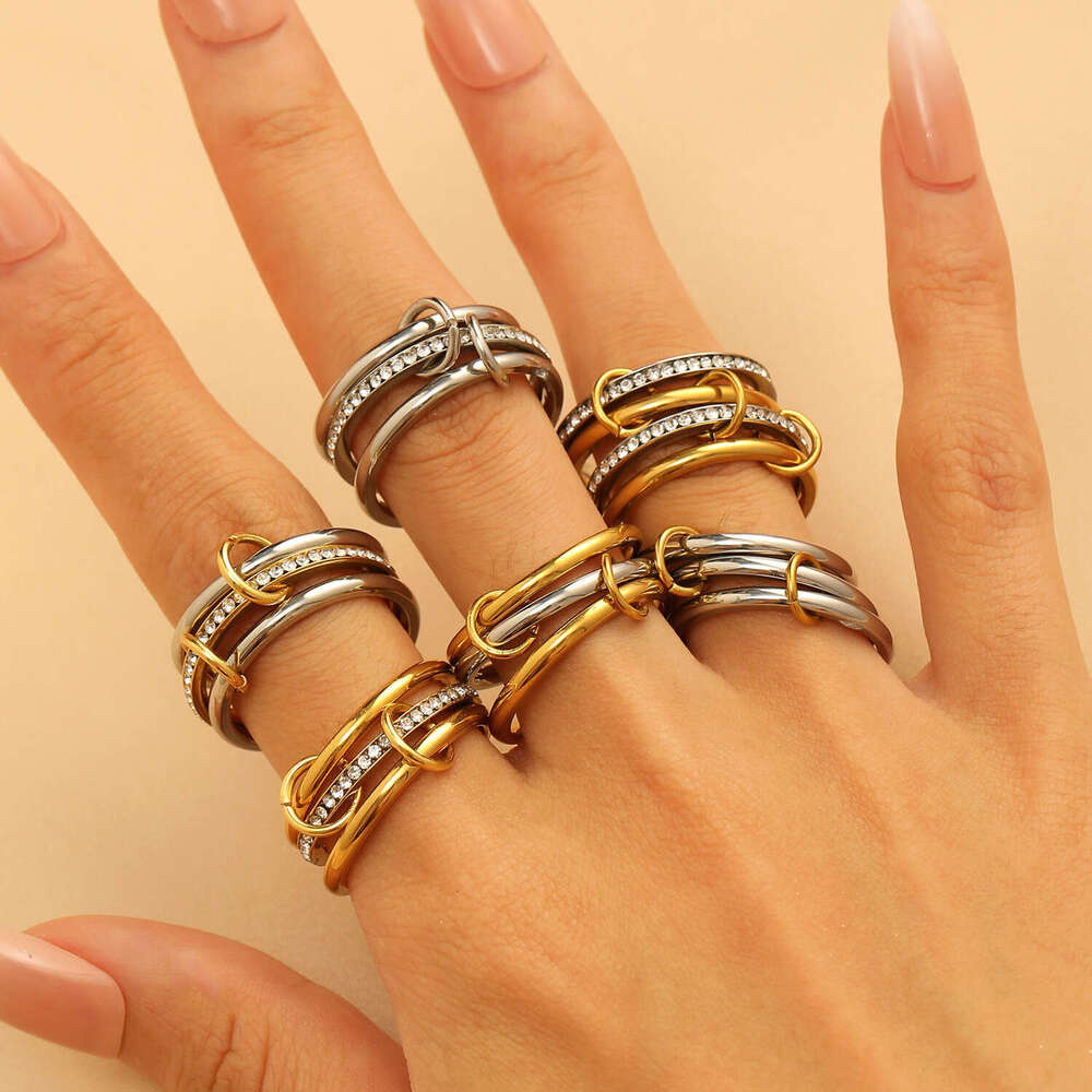 Ring Stainless Steel Multi Layer Color Block Stacking Geometric Band for Daily Wear Special Occasion Gift High Quality Texture