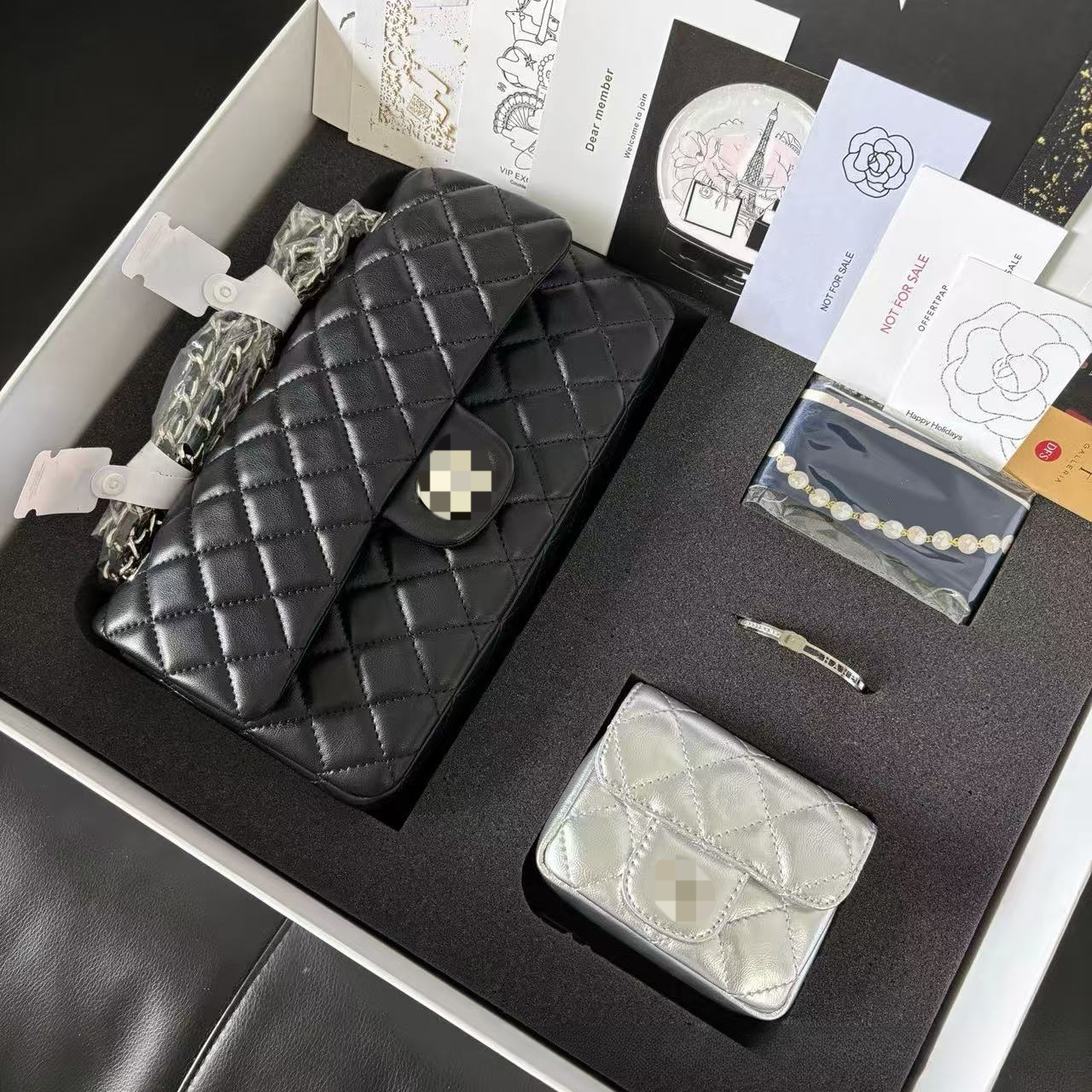 Membership VIP Gift designer bag Four Luxury bag Piece Set Black Silver Chain Sheepskin CF Flap Women S Bracelet Scarf Coin Purse