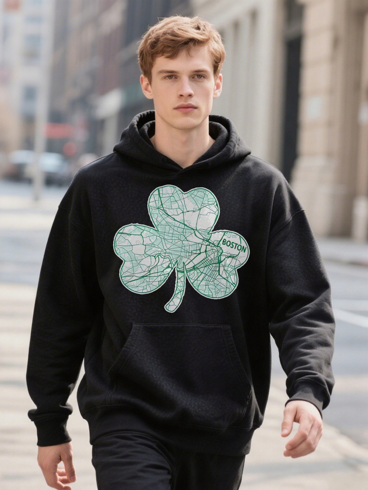 Casual Crew with Hoodie Boston-themed D Print Shamrock Design Black Perfect for Men Men's