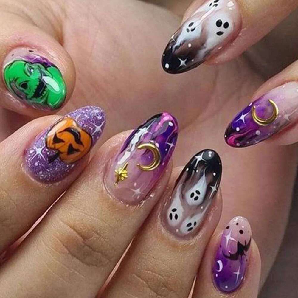 24Pcs Halloween False Ghosts Bats Fake Short Square Press on Nails Full Cover Nail Tips Manicure Tools X250816