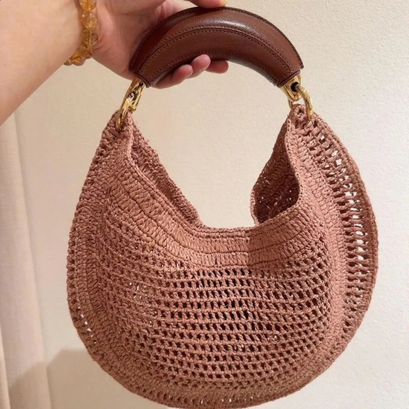 Handmade Raffia Crescent Bag 2025 Fashion y Women Leather Handle Handbag Retro Straw Woven Underarm Bag 250811