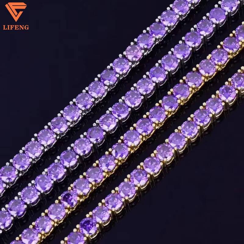 Lifeng Jewelry Specialized Custom 4mm Single Row Iced Out Purple VVS Moissanite 18k Gold Plated 925 Sterling Silver Tennis Chain