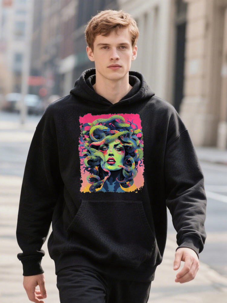 Soft Cotton Men's Plus Size Medusa Graphic Vibrant Snake Woman Design Casual Hoodie For Halloween
