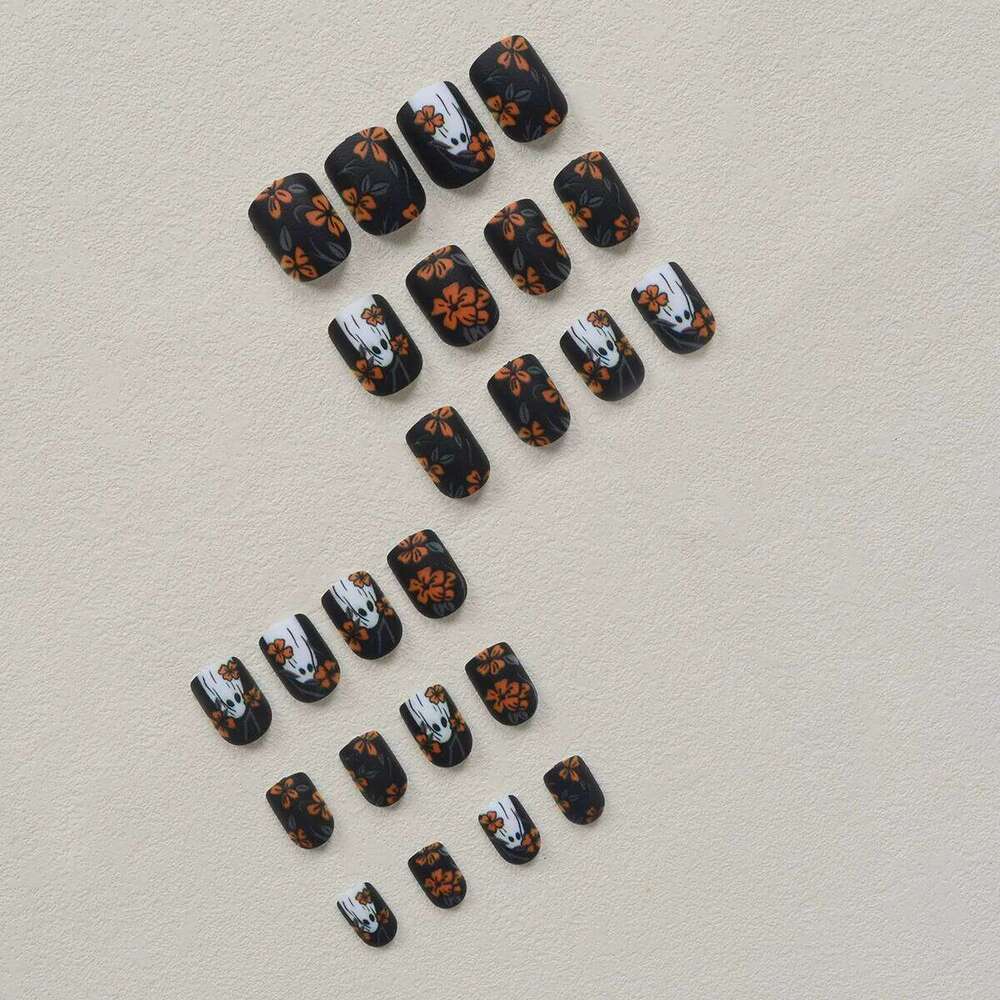 24pcs Short Square Matte Press On Set,Floral & Ghostly Holiday Elements - Halloween Dark Forest Themed Fake Nails Kit X250816