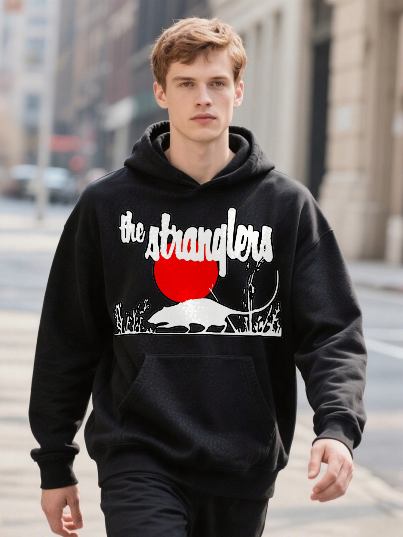 Men S Black Hoodie With Red Circular Animal Print He Stranglers Ext Casual Breathable Comfort