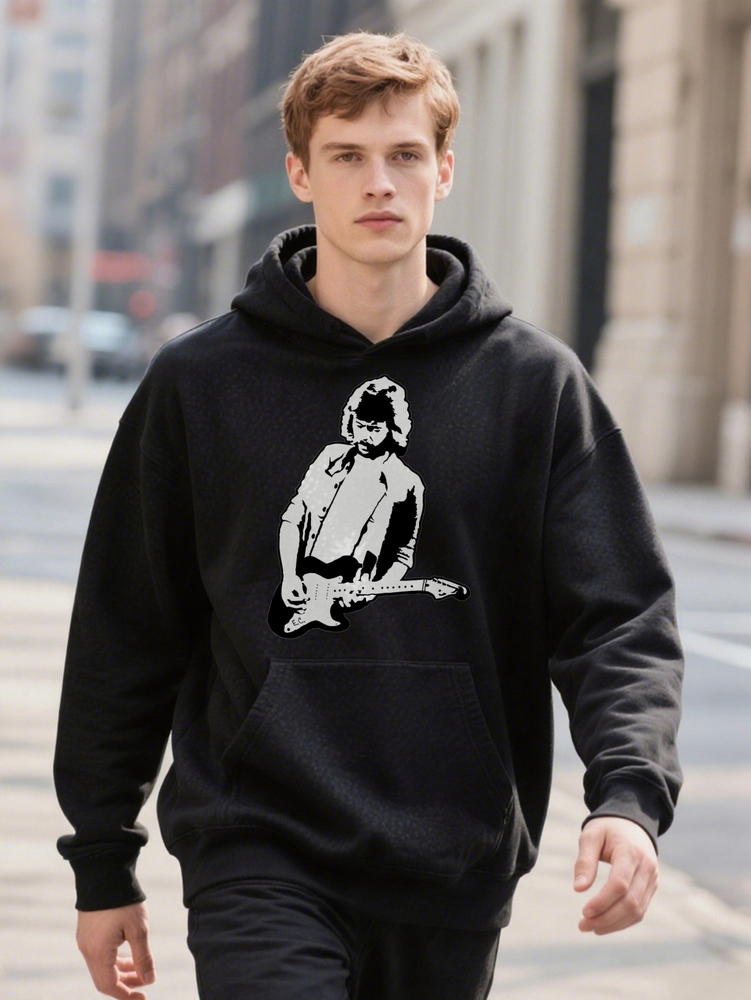 Funny Men's Graphic Tee Vintage Black Casual Hoodie With Unique Portrait Design High Washable