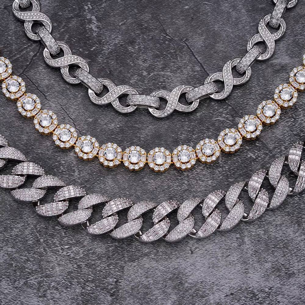 New Design Hip Hop Gold Plated 9.5mm Iced Out VVS Moissanite Diamond Round Shape Tennis Link Chain Necklace