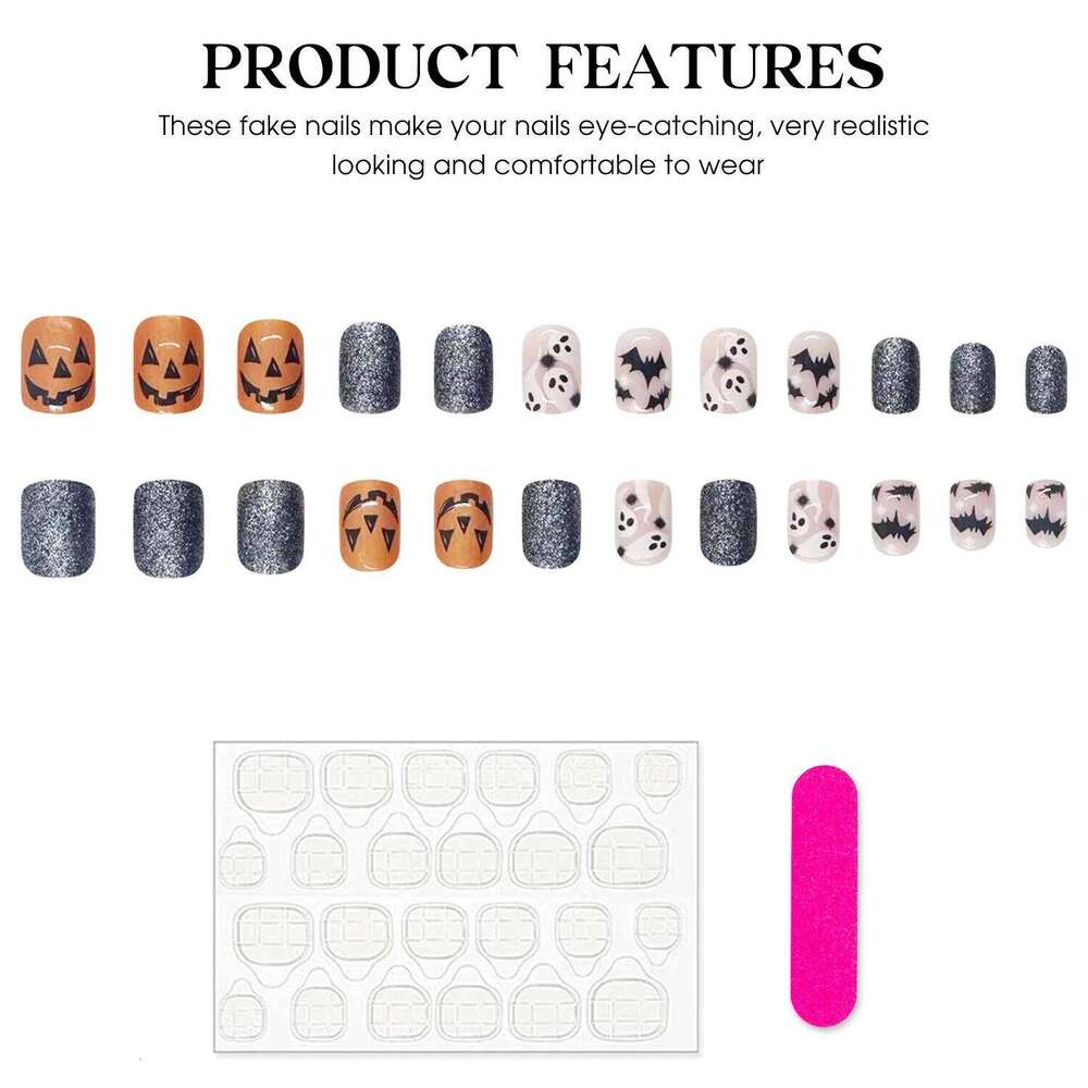 24pcs Halloween Fake With Black Ghost Bat Pumpkin Design Wearable Colorful Glitter Short Square False Press On Nails X250816
