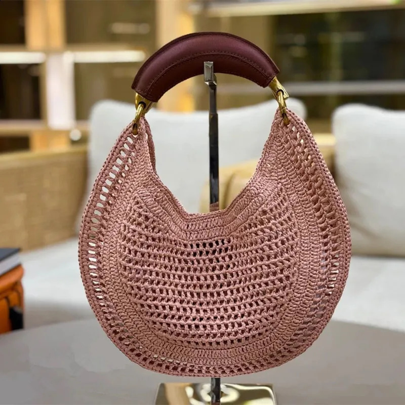 Handmade Raffia Crescent Bag 2025 Fashion y Women Leather Handle Handbag Retro Straw Woven Underarm Bag 250811