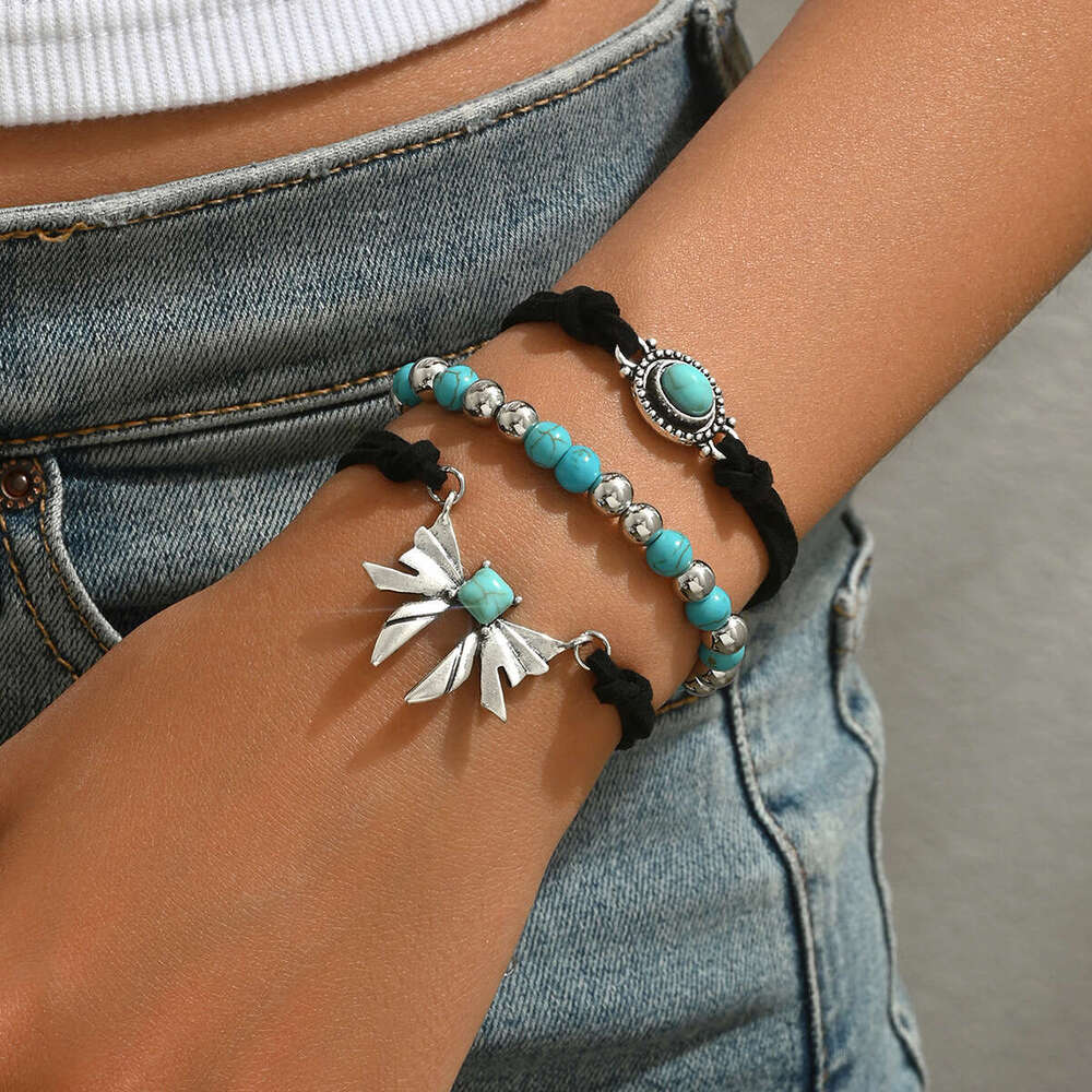 2025 New Simple Women's Geometric Butterfly Turquoise Design Bracelet Three-Piece Set Jewelry