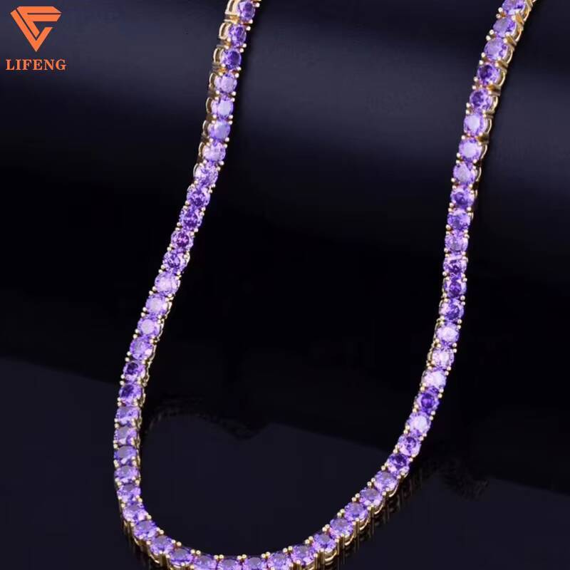 Lifeng Jewelry Specialized Custom 4mm Single Row Iced Out Purple VVS Moissanite 18k Gold Plated 925 Sterling Silver Tennis Chain