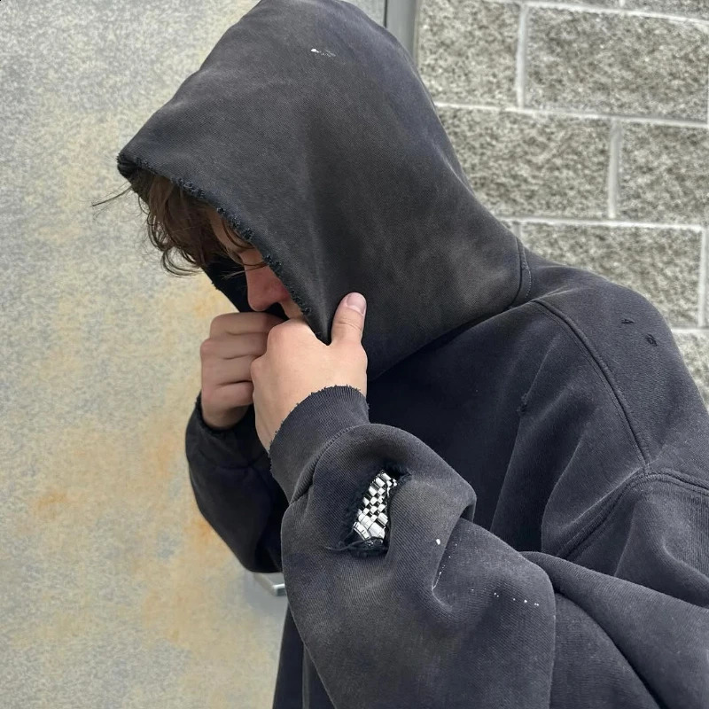 Retro loose hoodie a pcs oversized pure gray Watch-peeker hole breaking sweatshirt Y2K unisex Gothic Harajuku casual pullover 250815