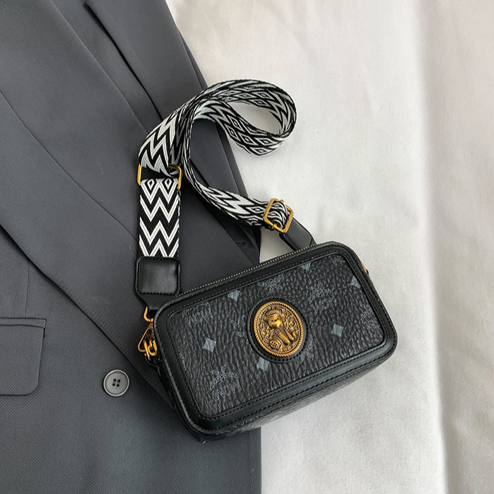 New Color Blocking Women's Printed Small Square Bag Mini Handbag Free Shipping Designer Fashion Wide Shoulder Strap Camera Bag Lightweight Should