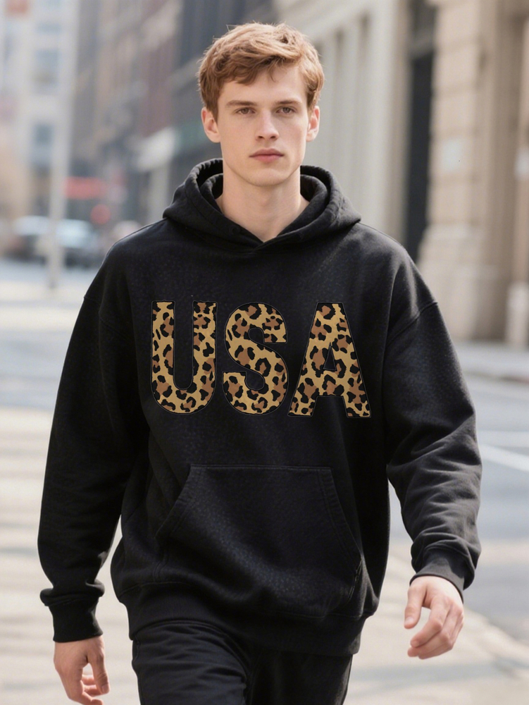 Hoodie S USA Graphic Leopard Lettering Crew Black Ee Perfect Gift For Men Casual