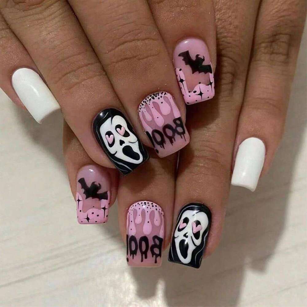 24Pcs Halloween False Ghosts Bats Fake Short Square Press on Nails Full Cover Nail Tips Manicure Tools X250816
