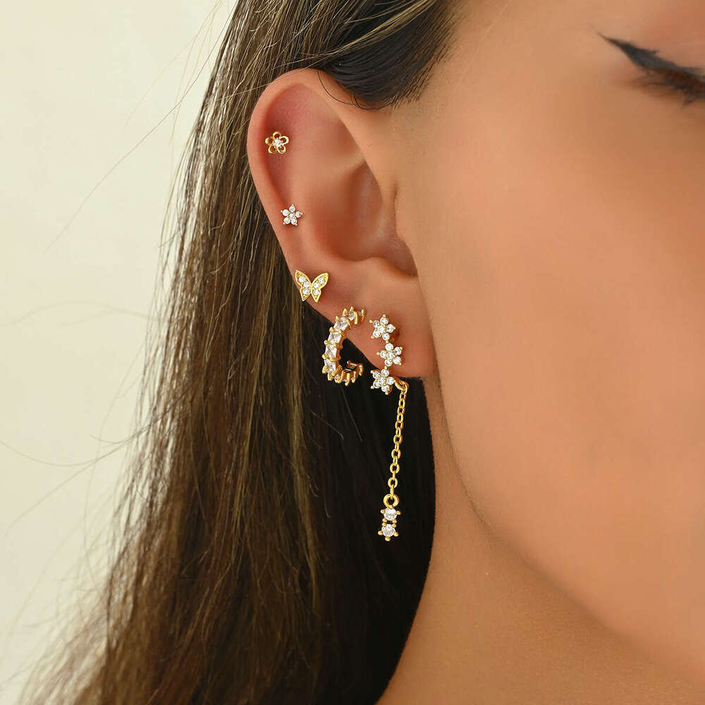 Ins Style Niche Design Inlaid with Zircon Star Versatile Ear Bone Stud Set Simple Earrings