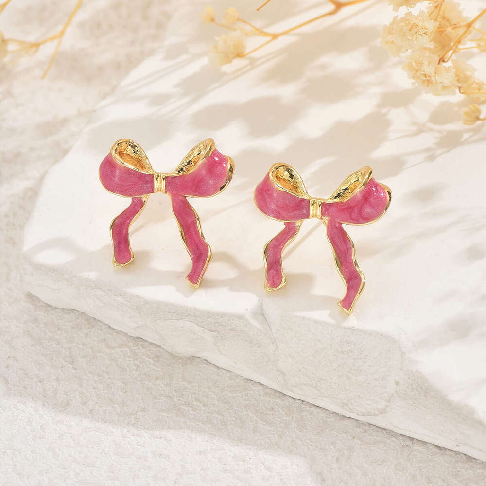 INS Women's Jewelry Bowknot Oil Drop Design Versatile High-end Stud Earrings for Women